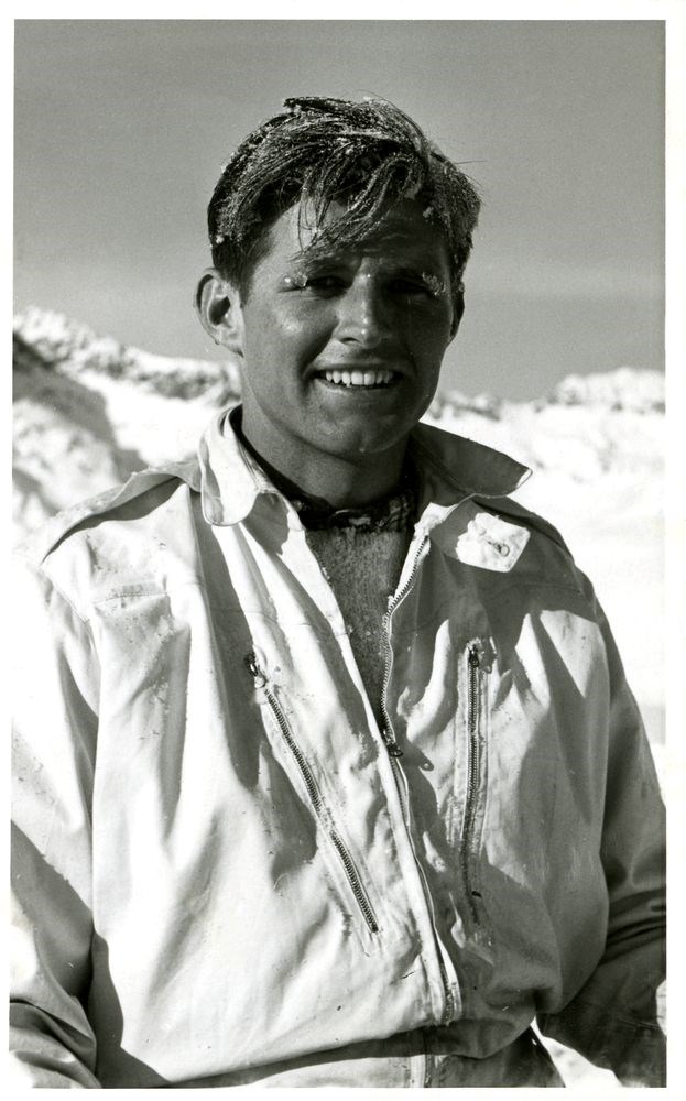 A black and white photo of Joseph P. Kennedy, Jr., outdoors in Saint Moritz, Switzerland, in 1939.