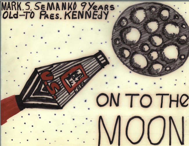A child's drawing of a manned moon mission President Kennedy received in a letter, accompanied with coins to help fund the mission. A child's drawing of a space shuttle heading to the moon