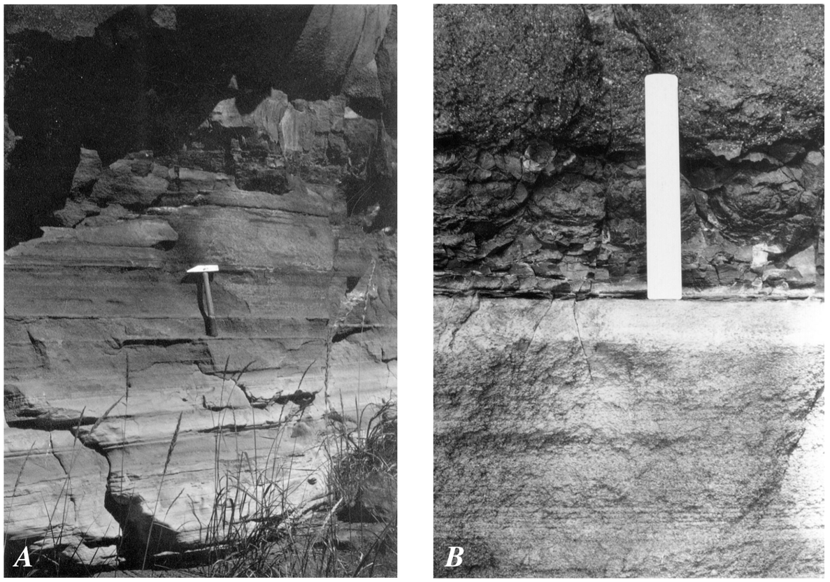 black and white photos of ash and tuff outcrops