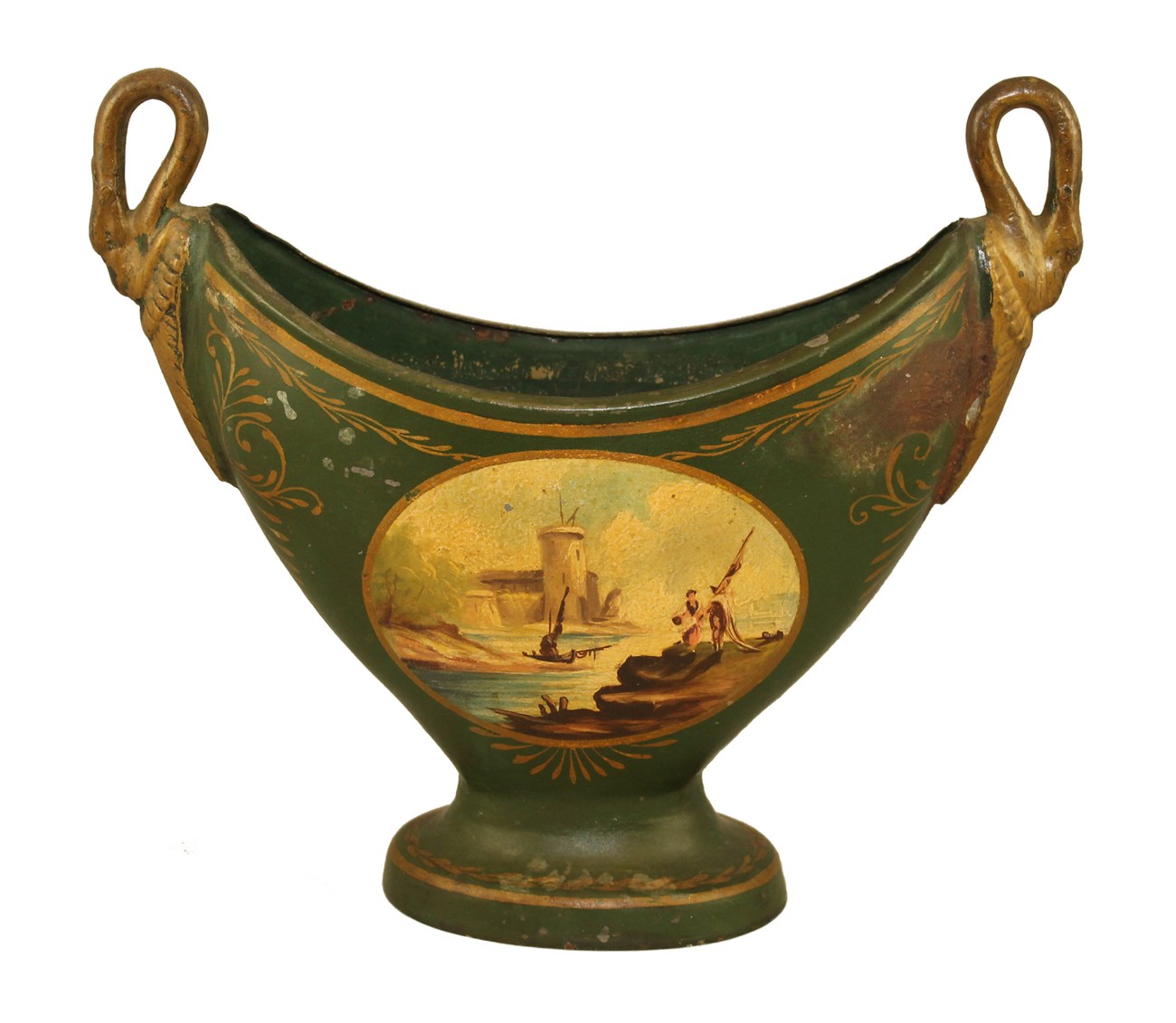 lt= Green metal urn with wide flare, gold handles, and painted scene on side