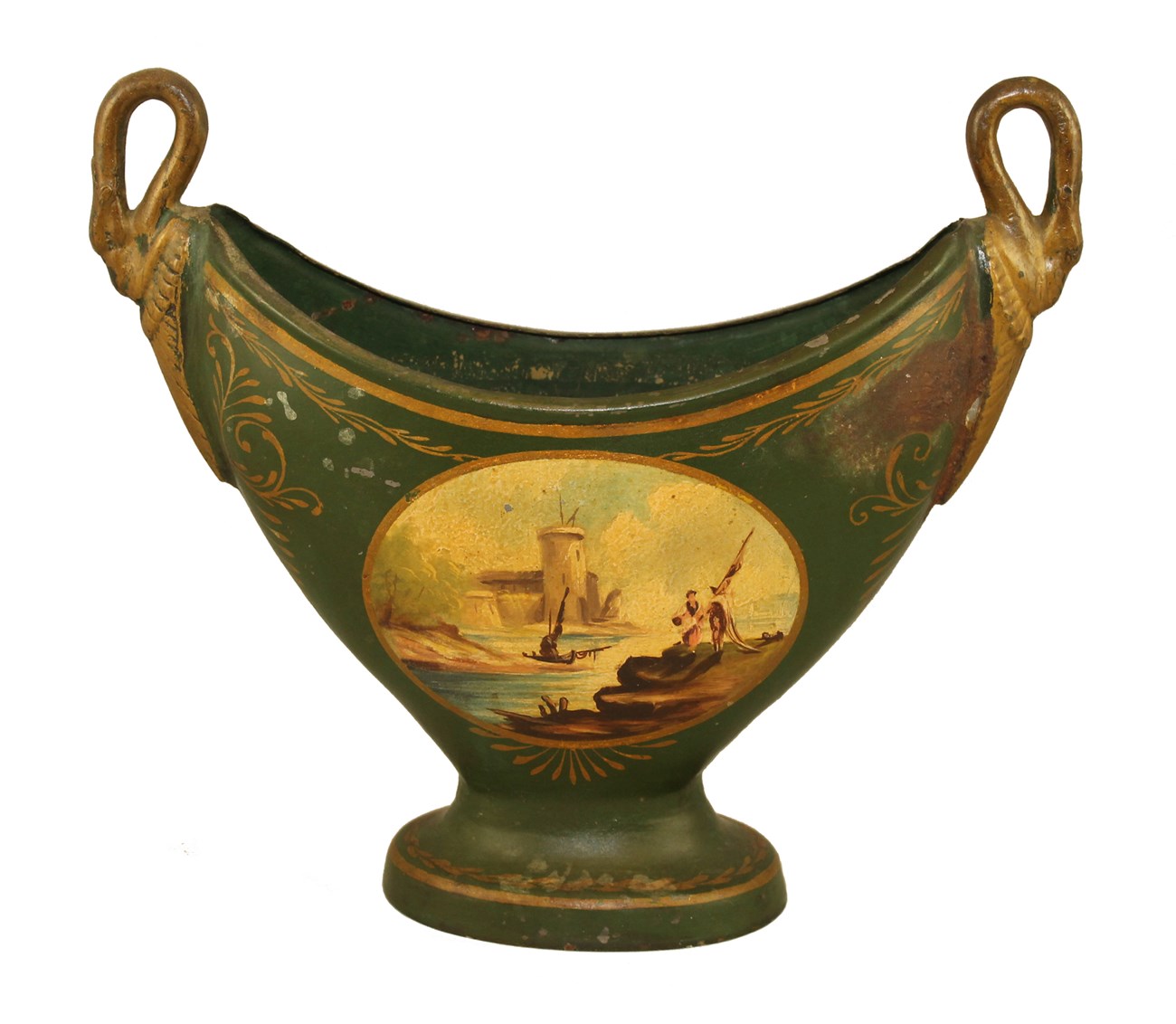 Green metal urn with wide flare, gold handles, and painted scene on side