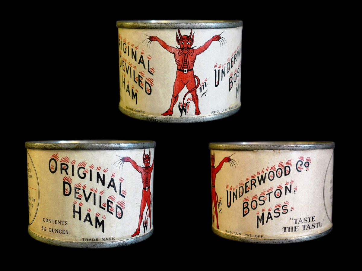 Three views of a short can with paper label with red devil illustration and red and black text: Original Deviled Ham, Underwood Co, Boston, Mass