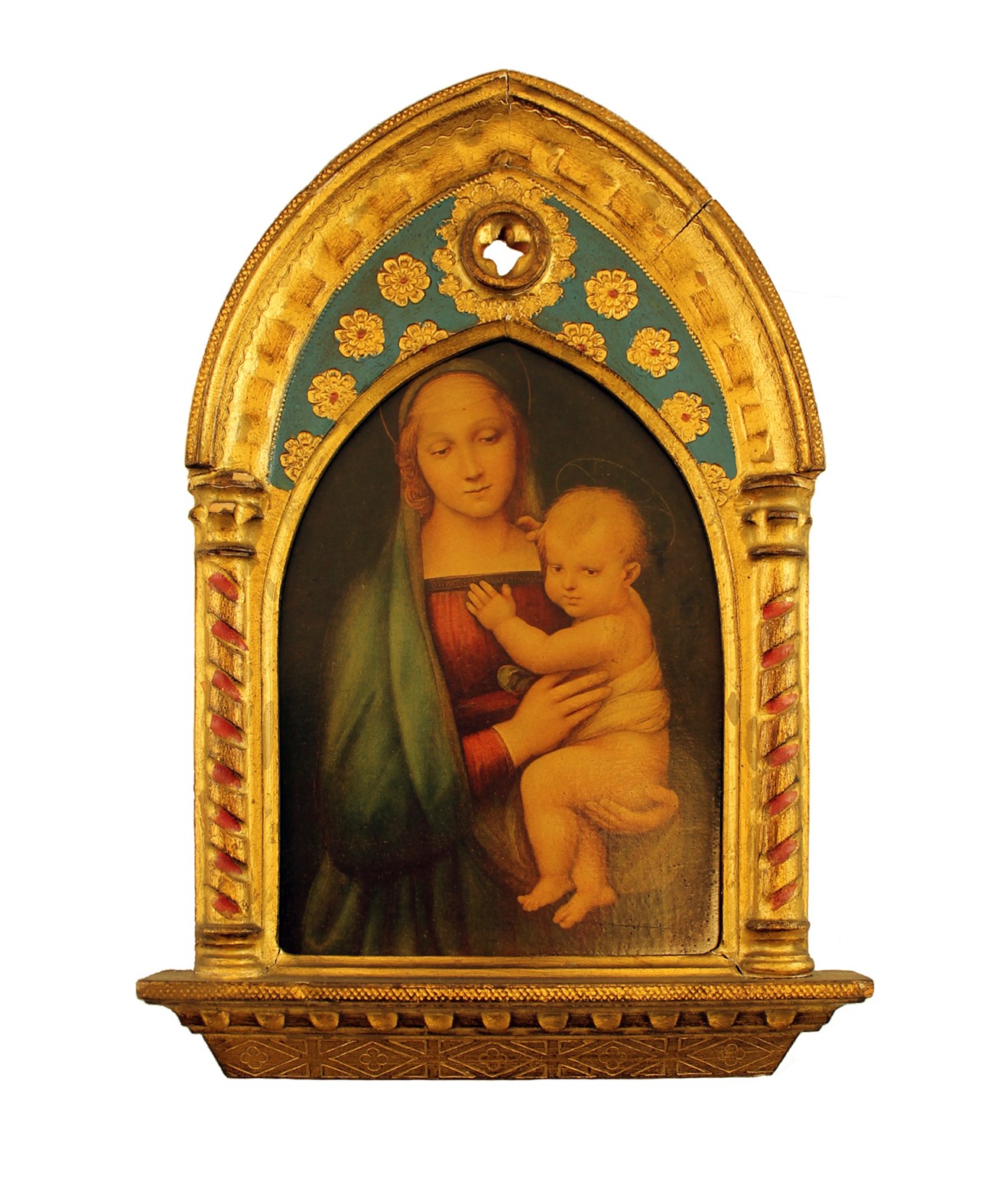 portrait of woman and baby in an elaborate gilt frame with pointed arch shape