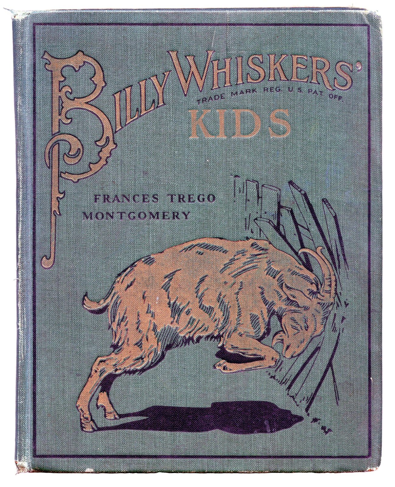 Book cover with illustration of a goat butting a fence on blue background with title Billy Whiskers' Kids