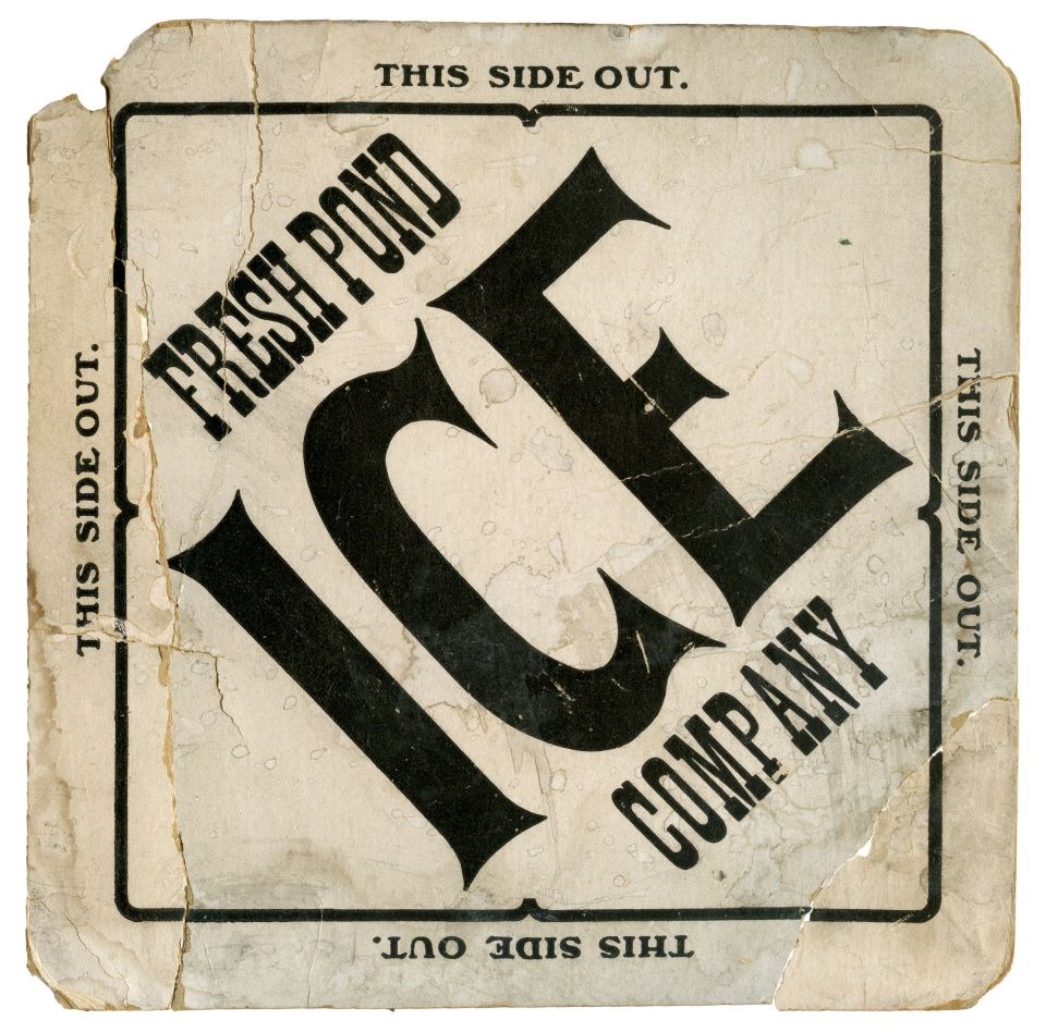 off-white square card with black text. Fresh Pond Ice Company, This Side Out.