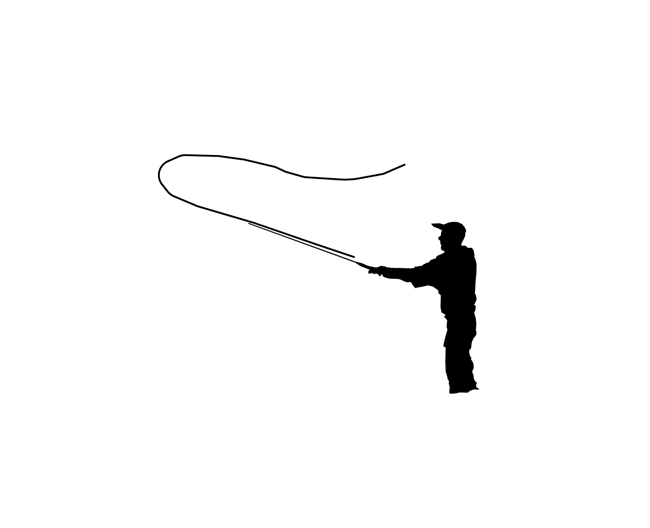 silhouette of person wearing baseball cap casting a fly rod with line arced in the air