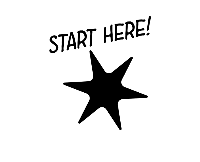 six pointed star with words Start Here! above