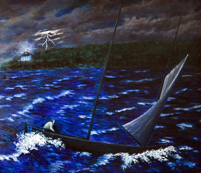 Francis Jacker A painting of a man on a sailboat in rough waves with a lightning bolt in and white two story lighthouse tower shinning in the distance.