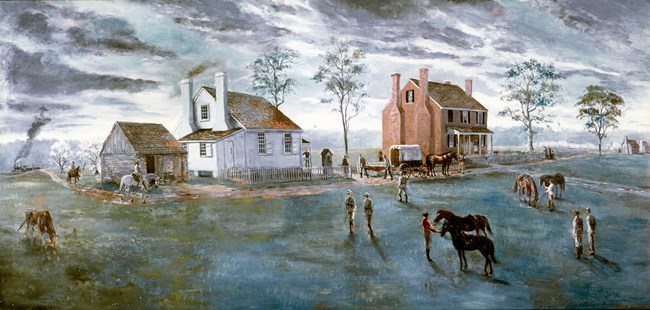 A painting portraying the arrival of Confederate General Stonewall Jackson at Fairfield Plantation after being wounded during the Battle of Chancellorsville. The scene depicts the Fairfield Slave Plantation main building complex with soldiers, civilians,