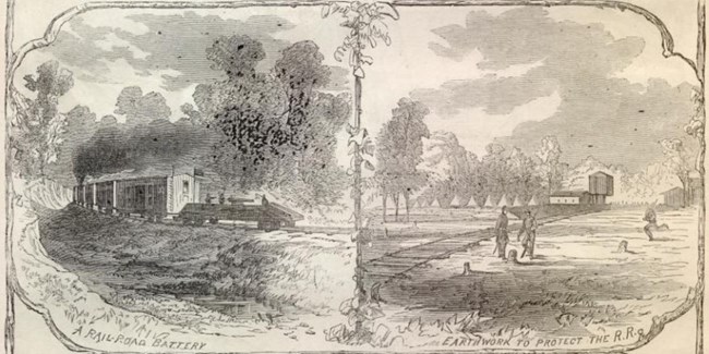 Sketch drawing of railroad, people, farmhouse