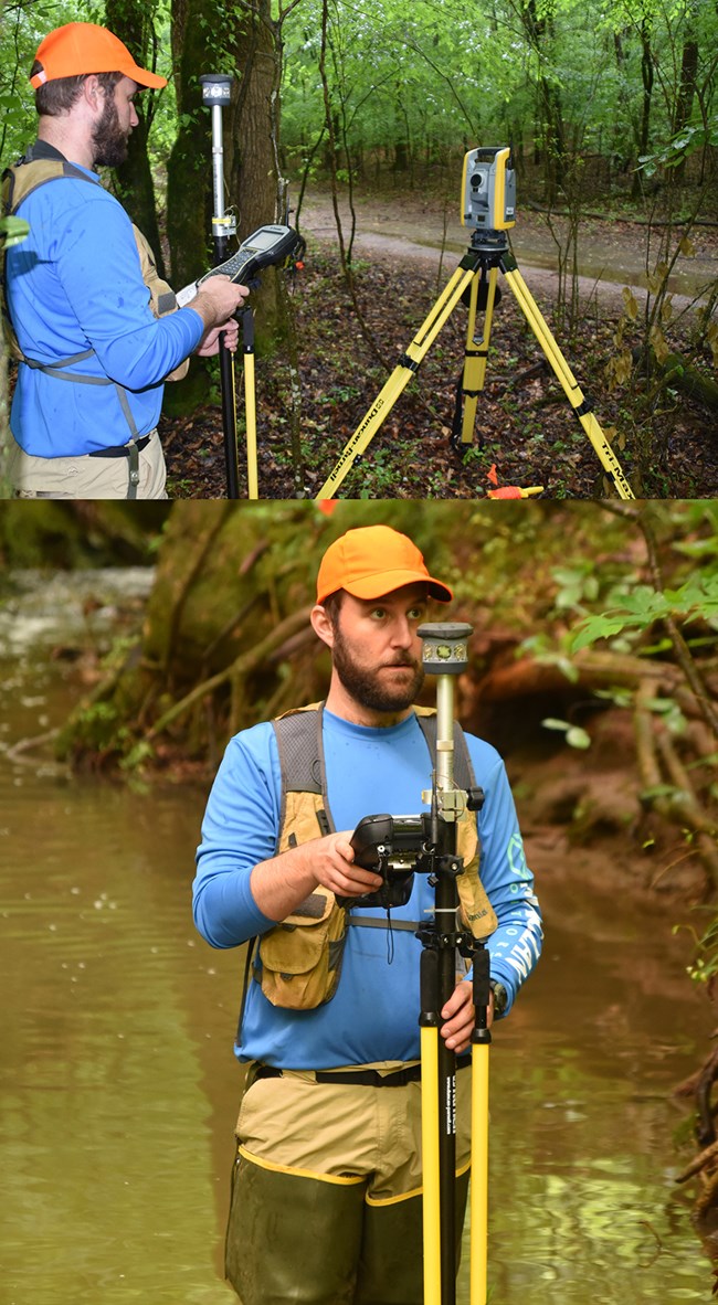 Man holding survey equipment