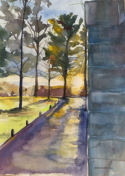 A watercolor painting of a road and stone fence.