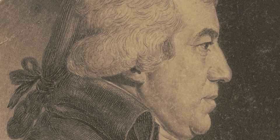 Detail, portrait of James Iredell's face in right profile showing a man with white powdered hair tied at the neck with a ribbon. Detail, portrait of James Iredell's face in right profile.