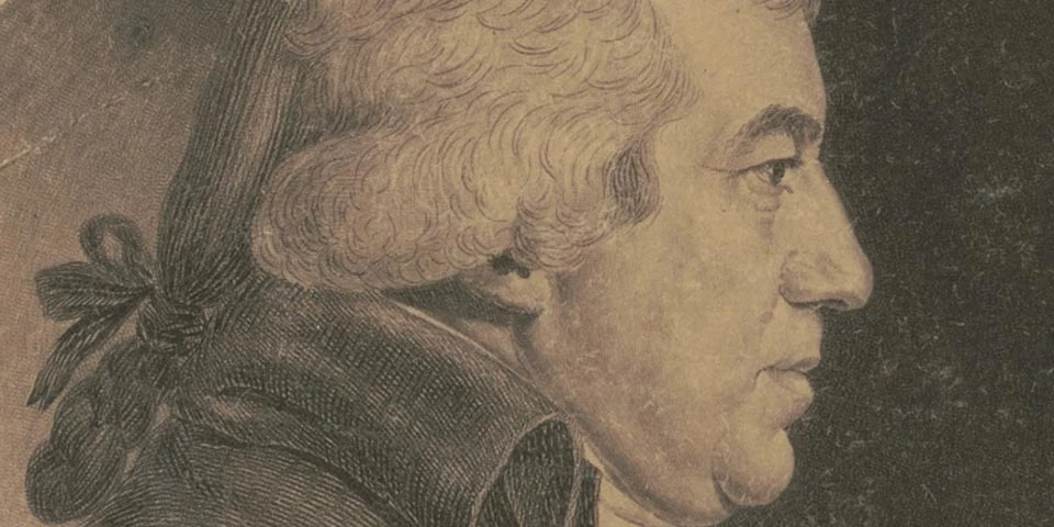 Detail, portrait of James Iredell's face in right profile showing a man with white powdered hair tied at the neck with a ribbon. Detail, portrait of James Iredell's face in right profile.