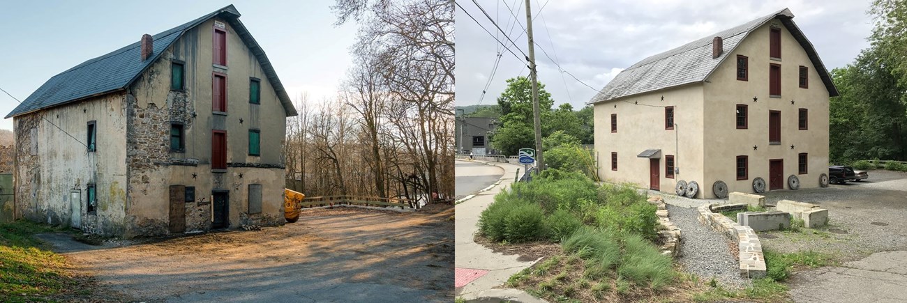 Asbury Mill before and after restoration photos courtesy of the Musconetcong Watershed Association (MWA)
