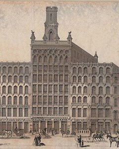 Jayne Building Lithograph of a row of buildings with one in the middle standing taller than the rest.