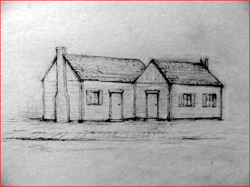 An artist’s sketch of what the Jenkins and Blanks homes may have looked like. The Jenkins and Blanks families shared this lot in Springfield near the Lincoln Home. A black and white sketch of two one-one story homes