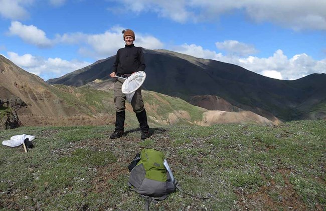 A woman stands on a ridge with an insect net.