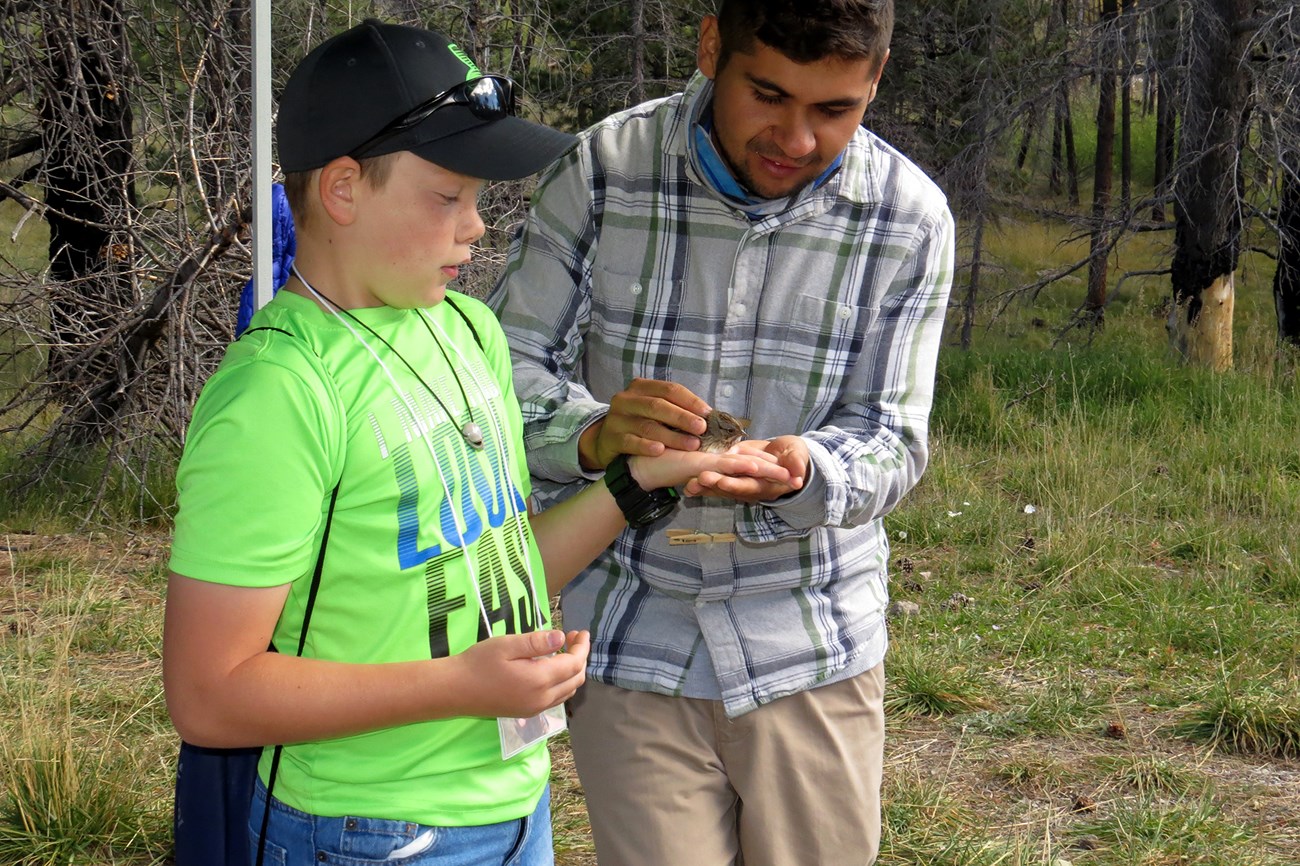 A young man with a moustache holds the hand of a boy holding a brown and white bird.