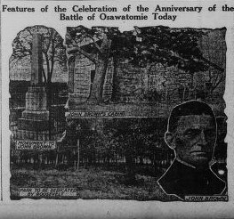 Scan of newspaper: Darkened photographs of monument to John Brown in Kansas. Headline reads "Features of the Celebration of the Anniversary of the Battle of Osawatomie Today."