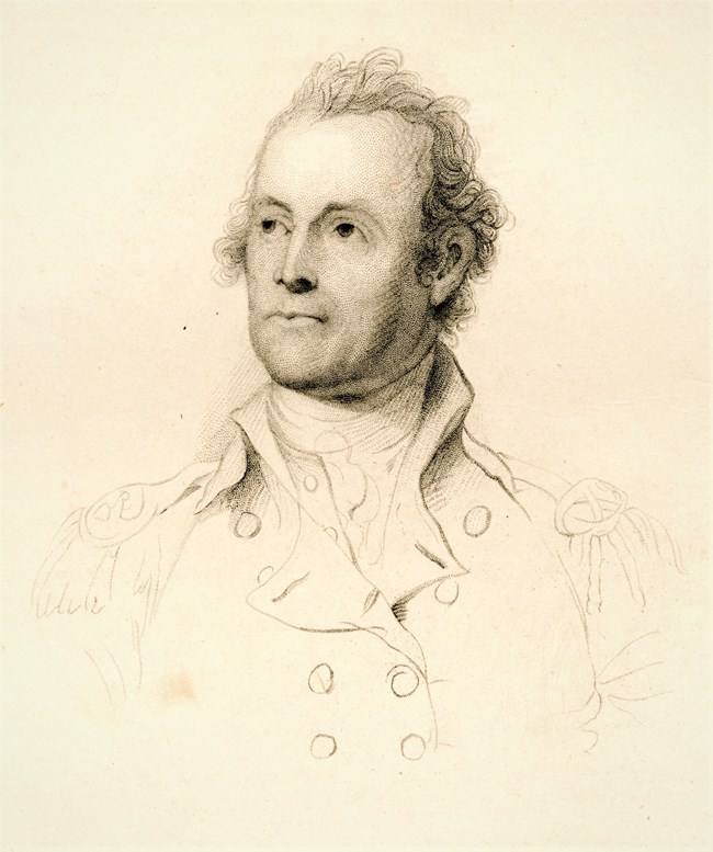 Illustration of a man, in military uniform, with high collar
