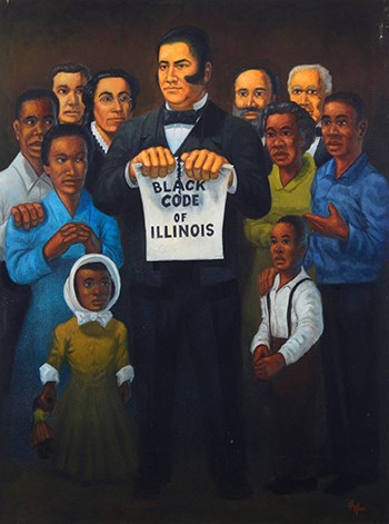 John Jones Fights for the Repeal of the Black Code Oil painting of John Jones tearing a flier that says " Black Code of Illinois" with a group of people around him.