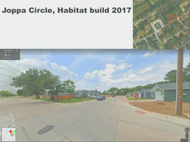 Habitat has been a great resource for the community; however, new builds are "completely different than what exists in Joppa. This is something that the residents...really don’t like." - Kathryn Holliday A one way street where Habitat cut all of the trees down. The street is about twice as wide as the traditional streets of Joppa. There are high-privacy fences.