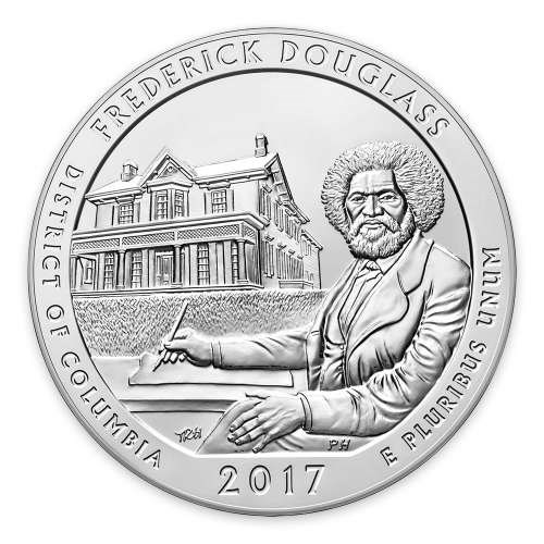 A silver quarter with Frederick Douglass seated on the front right and Cedar Hill in the background