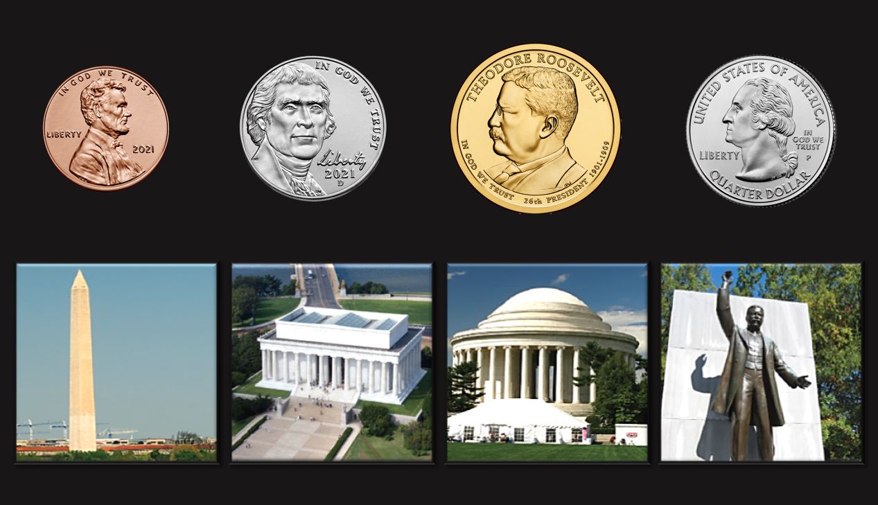 An answer bank of images in a 4x2 grid shows on the top row: Abraham Lincoln on a penny; Thomas Jefferson on a nickel; Theodore Roosevelt on a dollar coin; and George Washington on a quarter. On the bottom row: the Washington Monument, the Lincoln Memoria