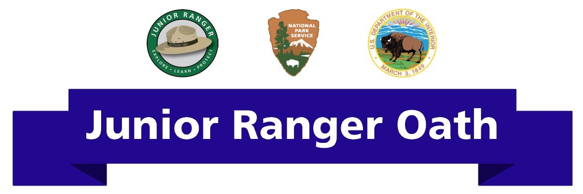 Virtual Junior Ranger Oath Banner with the Junior Ranger symbol, NPS Arrowhead and the DOI Symbol