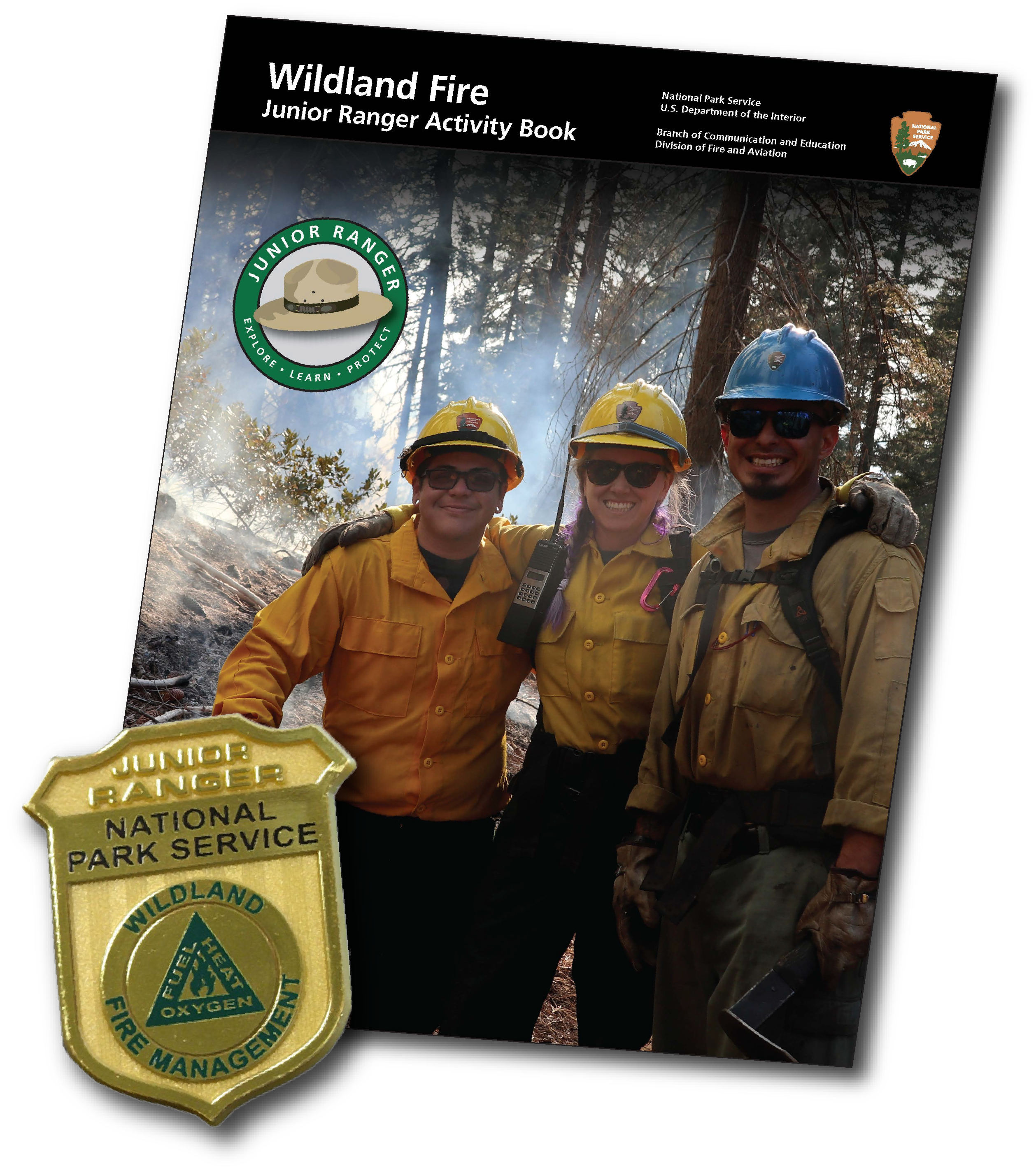 Cover of wildland fire junior ranger booklet with badge inset.