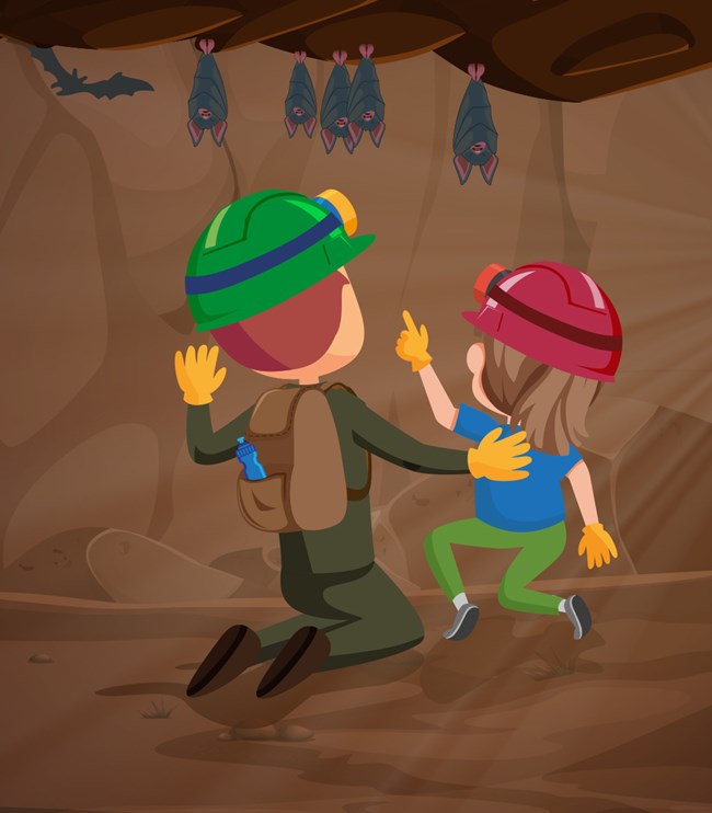 cartoon drawing of a child and a ranger exploring a cave with bats