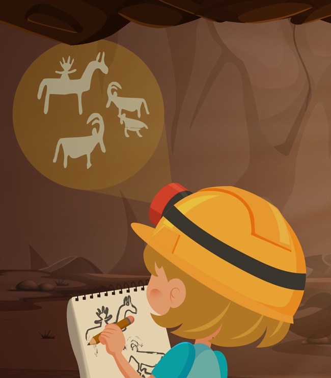 a child in a cave sketching a copy of some cave art painted on the walls