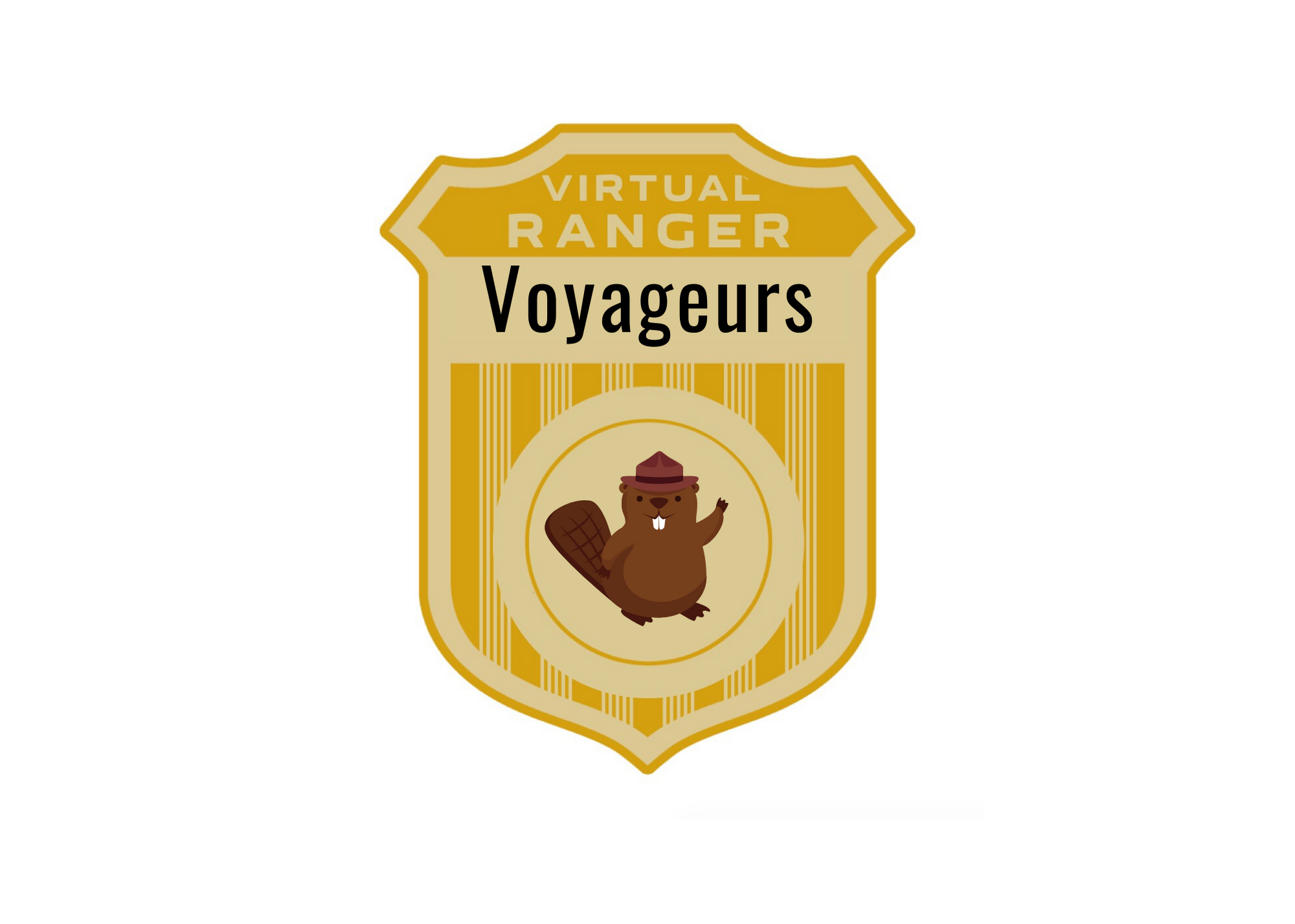 Junior Ranger Badge Jr ranger badge with a beaver in the middle wearing a ranger hat.