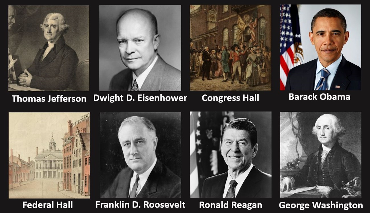 An answer bank for the questions below in a 4x2 grid of images: Thomas Jefferson; Dwight D. Eisenhower; Congress Hall; Barack Obama; Federal Hall; Franklin D. Roosevelt; Ronald Reagan; George Washington