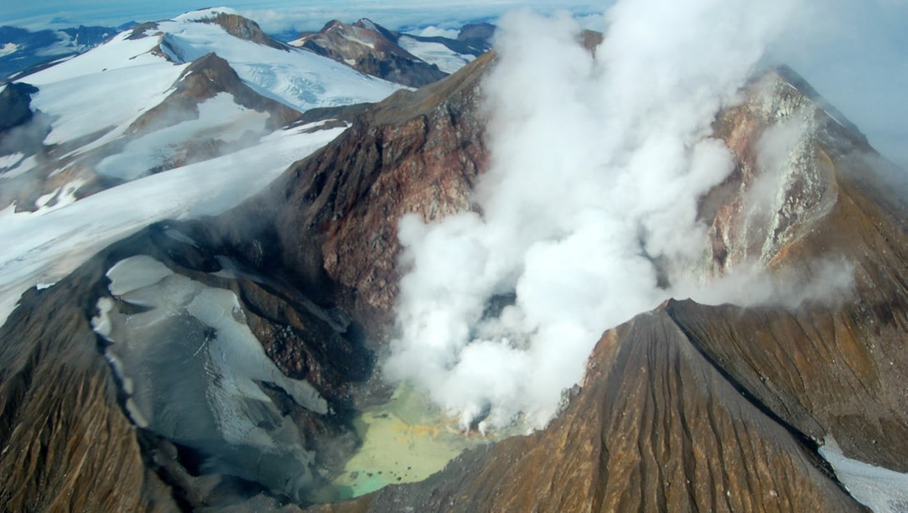 KATM Mount Martin volcanic summit crater with steaming fumaroles