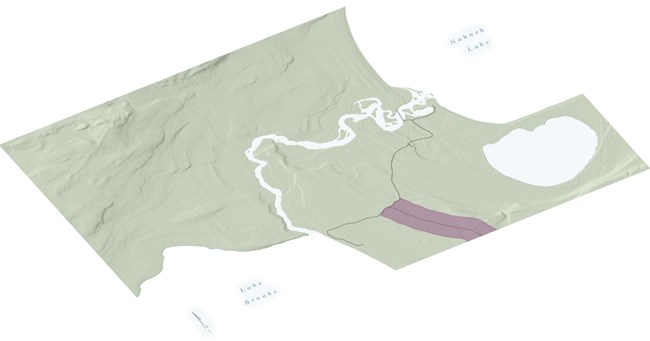 Valley of Ten Thousand Smokes Road map A rectangular outline on an area map, around a road, shows the cultural landscape