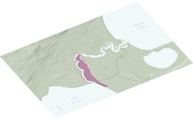 Lake Brooks Fisheries Research District landscape map The boundary of a cultural landscape is shaded on a map, along the shore of Lake Brooks and a river