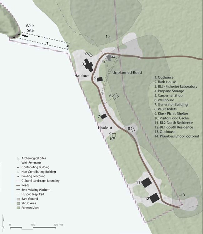 Mao of Lake Brooks Fisheries Research District Features are identified on a map of a portion of the Lake Brooks Fisheries Research District landscape, on the shore of a lake.