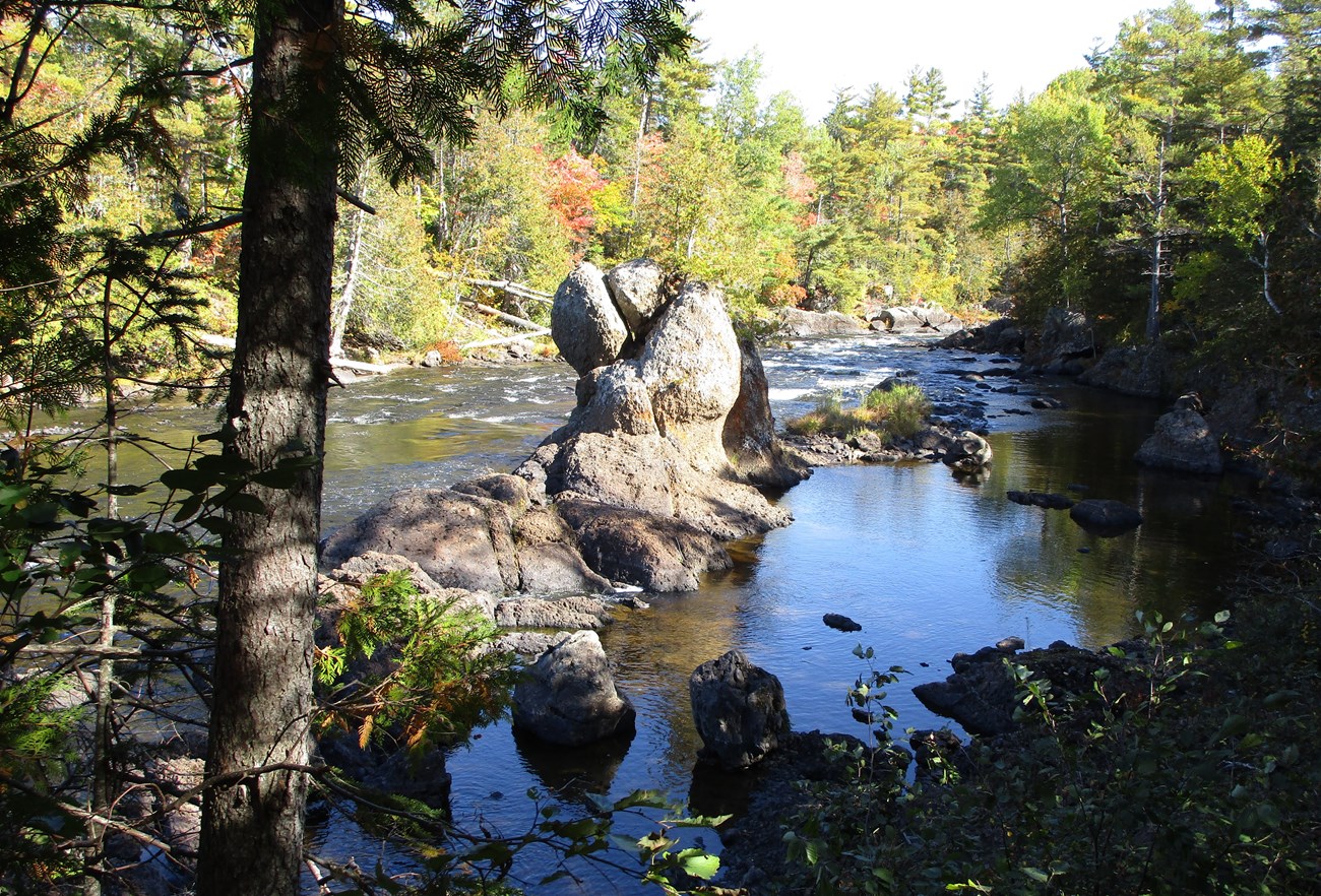 photo of rock formations in a river bed surrounded by forested river banks.