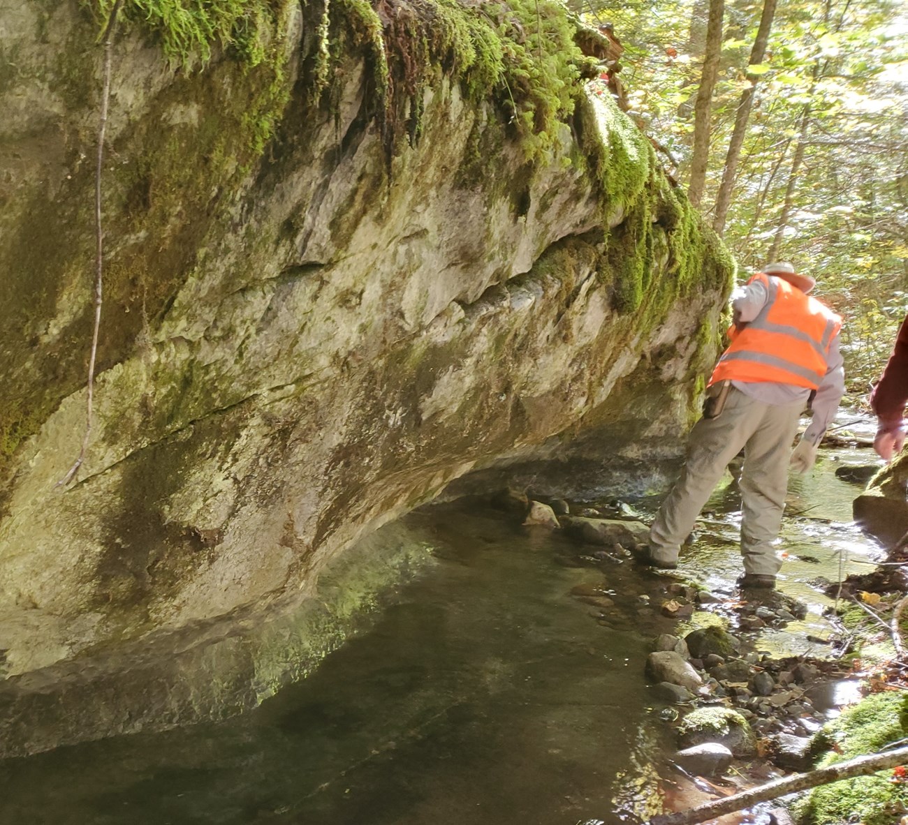 Photo of a person examining rocks in a stream bed next to a large moss covered boulder.