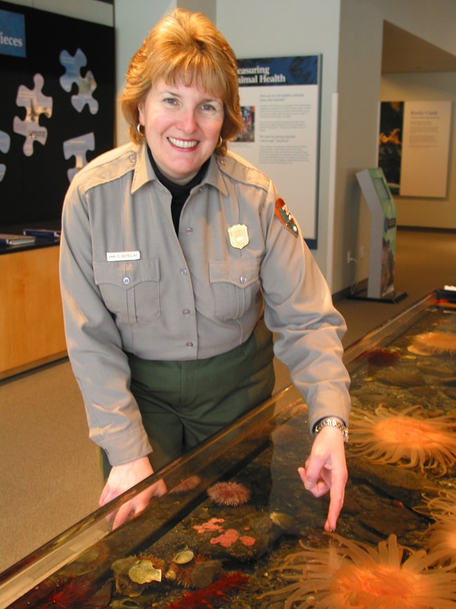 Anne Castellina in NPS uniform points to a sea star in a touch tank exhibit