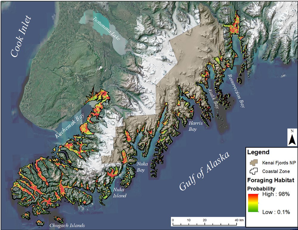 A map of Kenai Fjords National Park bat habitat.