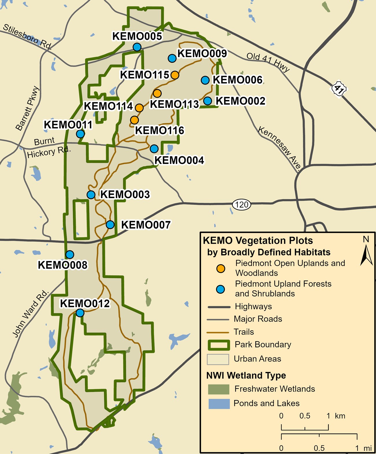 Map of vegetation plots established July–August 2021 at Kennesaw Mountain National Battlefield Park map of plots in the park