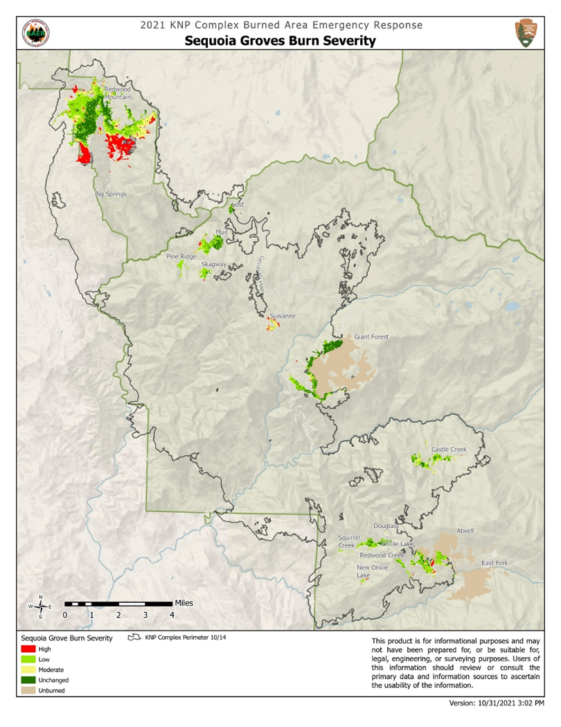 A map shows terrain and areas of different colors labeled in the legend as National Park Service, Bureau of Land Management, US Forest Service, and State. A thin black boundary covers most of the page and shows the fire perimeter.