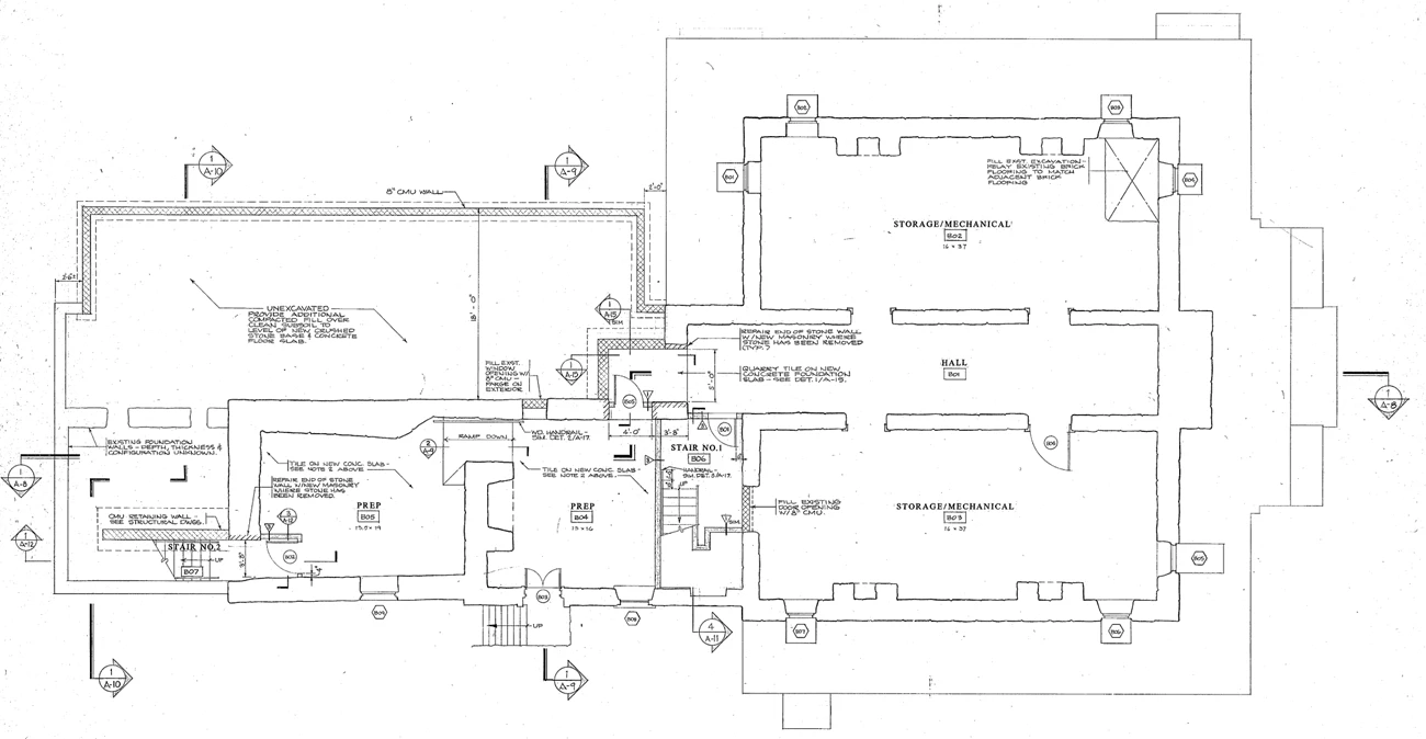 KS Basement Architectural drawing of the basement level of the Kennedy Supplee Mansion. Stairwells, Prep rooms, Hallway, and Storage/Mechanical rooms.