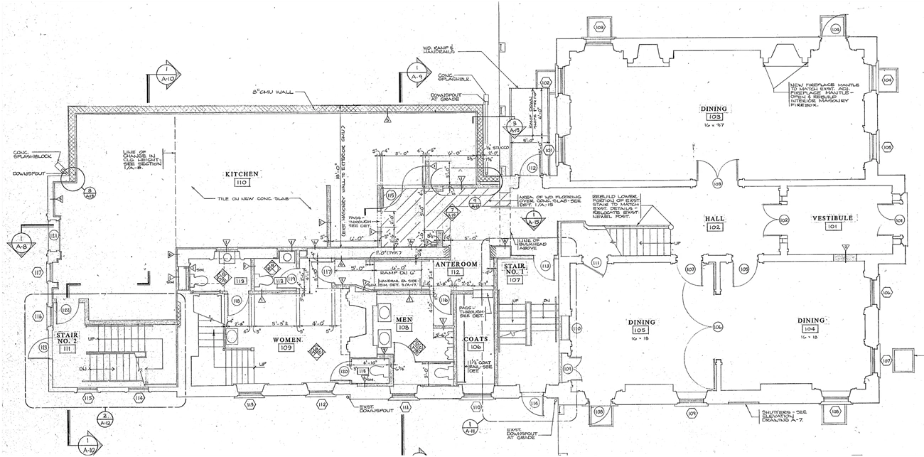 KS First Floor An architectural drawing of the first floor of the Kennedy Supplee Mansion showing a kitchen and dining rooms.