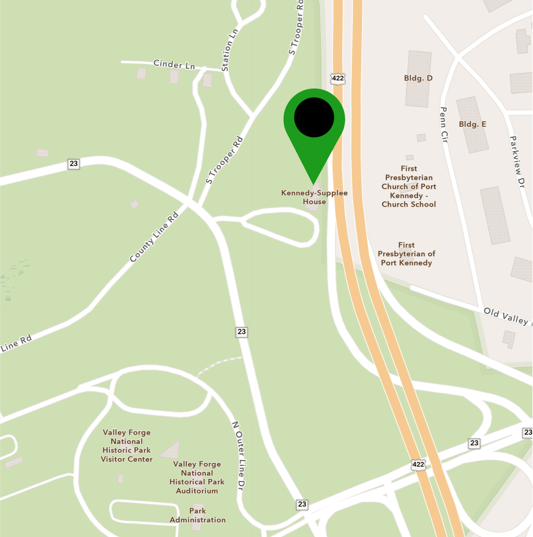 Map showing the location of Kennedy Supplee Manison within the borders of Valley Forge National Historical Park, next to 422 and north of the visitor center.