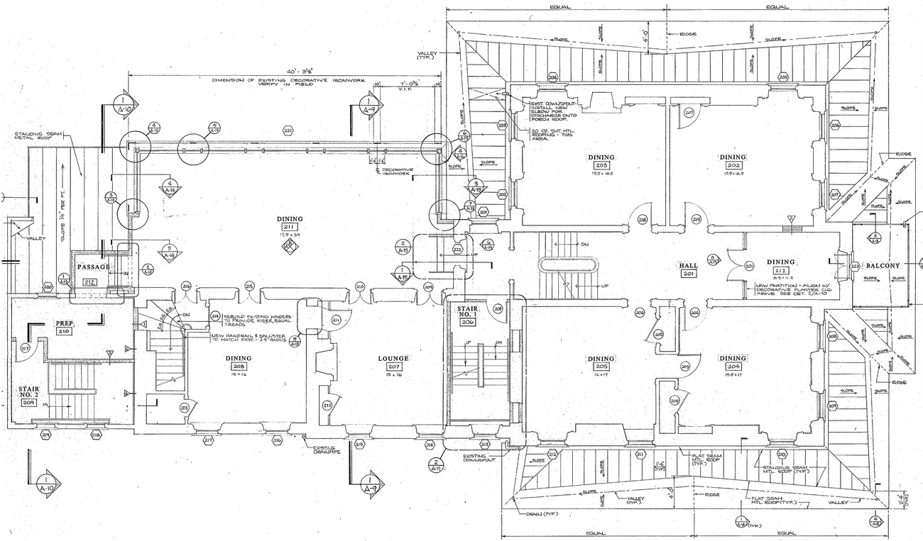 KS Second Floor An architectural drawing showing the second floor layout of the Kennedy Supplee Mansion, including dining rooms and lounge area