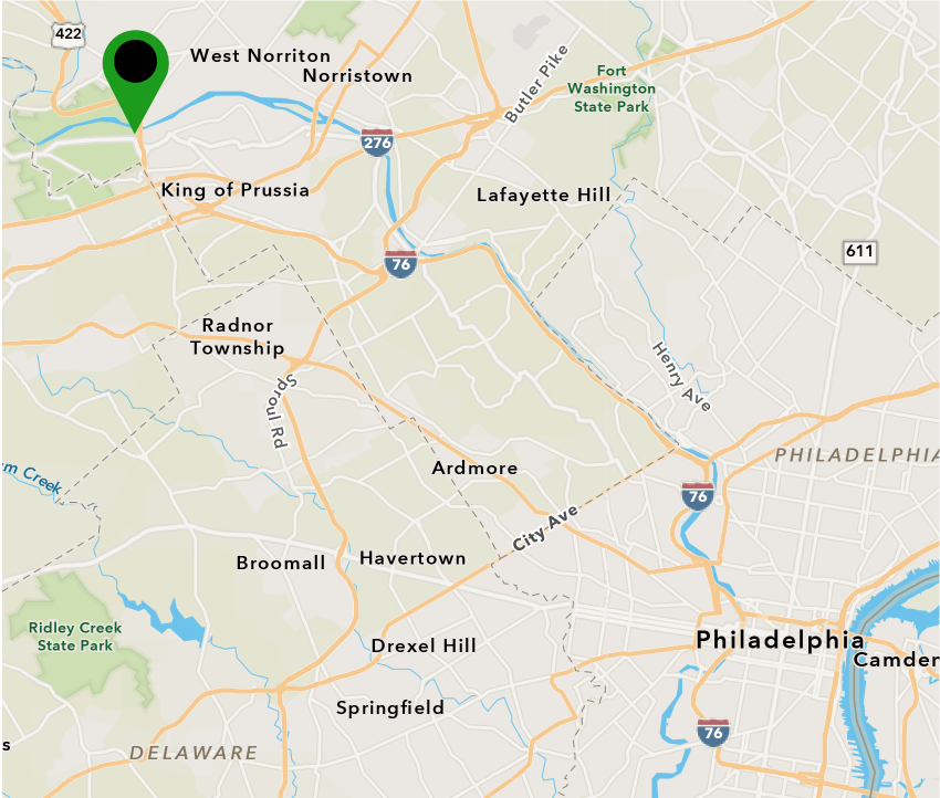 Map showing Philadelphia, Ardmore, King of Prussia, and a green pin marking the location of the Kennedy Supplee Mansion.